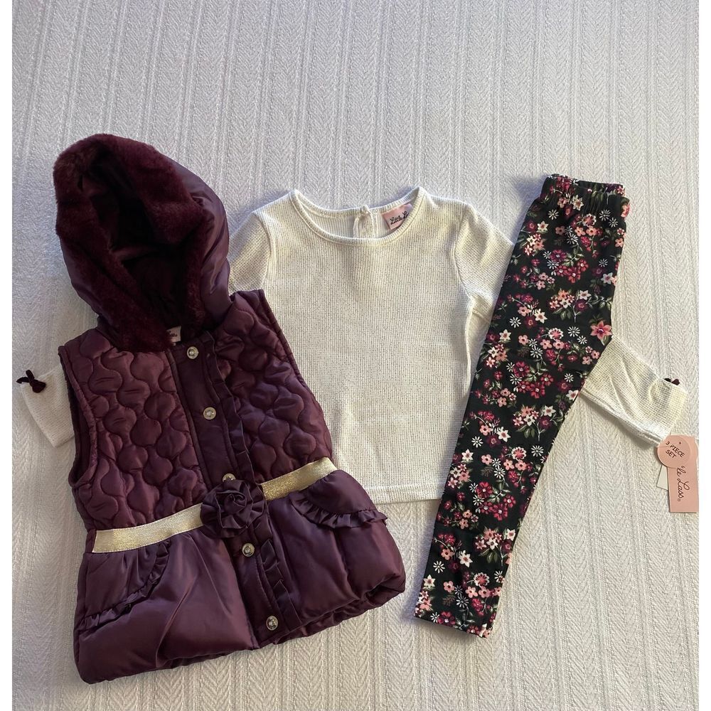 LITTLE LASS GIRL’S SIZE 4 METALLIC SHINE PUFFER VEST, TEE & FLORAL LEGGINGS 3-PC